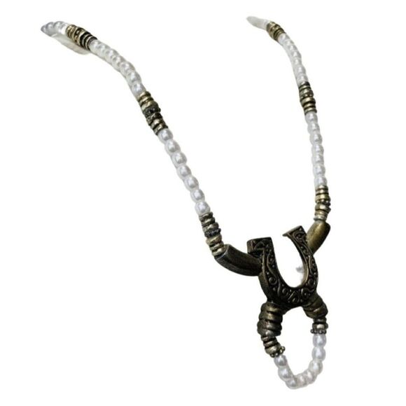 Vintage White Faux Pearl Horse Shoe Brass Long Naja Southwestern Bead Necklace - Picture 2 of 10